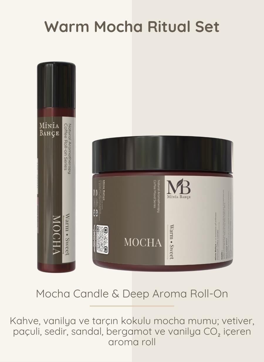Mocha Ritüel İkili Set – Mocha Soy Wax Mum (100 g) + Deep Aroma Roll-On (10 ml)