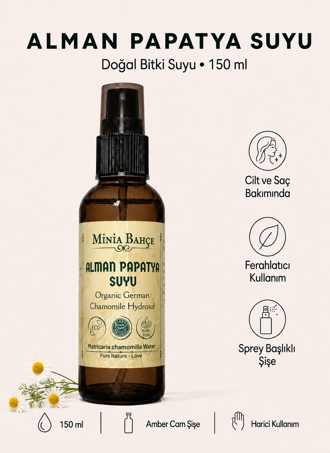 Papatya Suyu – %100 Doğal Yağlı Hidrosol, 150 ml