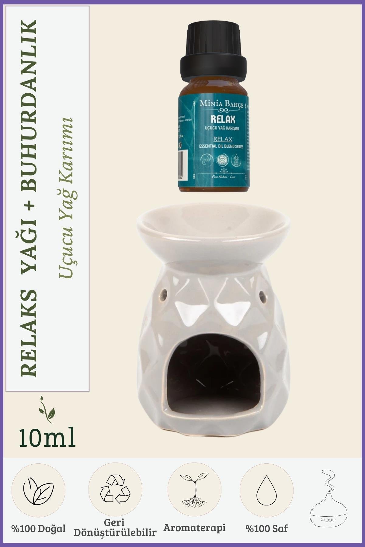 Relaks (Relax) Uçucu Yağ Karışımı Özel Seri (10 ml) ve Buhurdanlık: Huzur ve Rahatlama İçin Doğal Çözüm