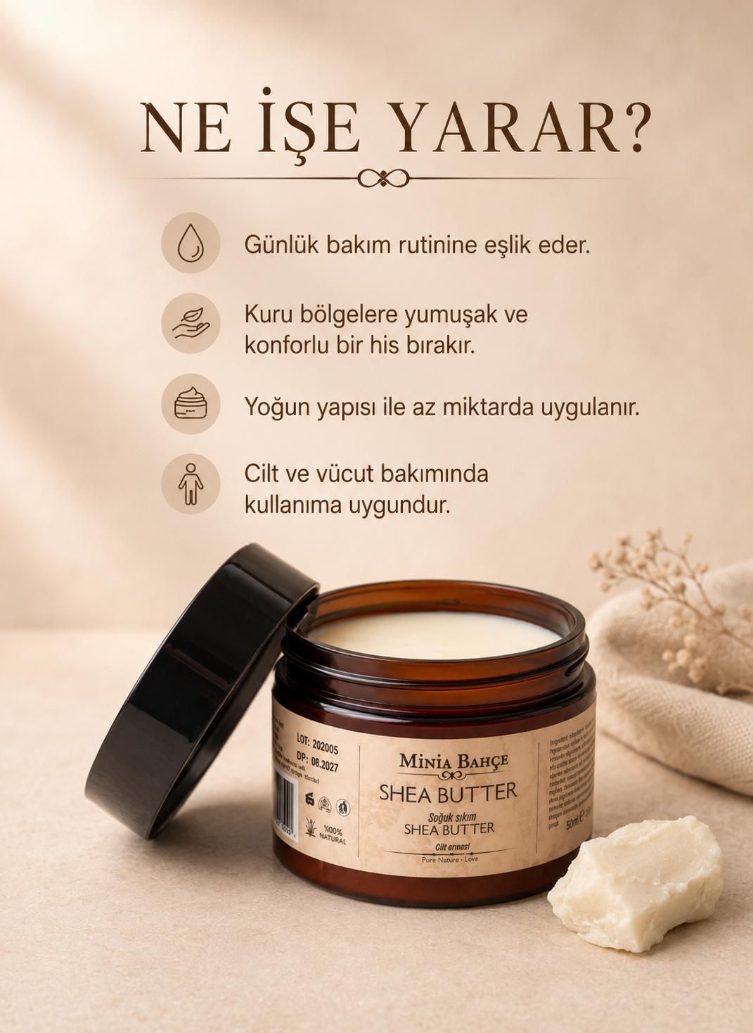 Soğuk Sıkım Shea Butter (Karite) Yağı - %100 Doğal & Saf, 50 ml