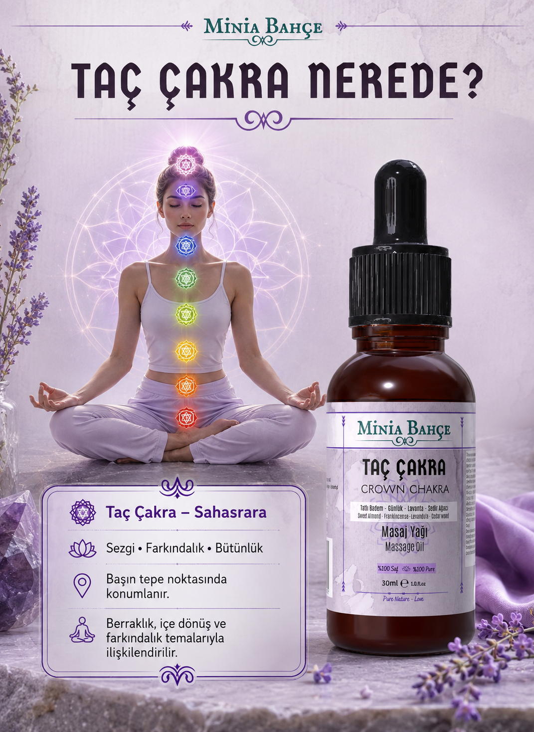 Taç Çakra Masaj Yağı - Crown Chakra Oil, 30ml | %100 Saf ve Doğal