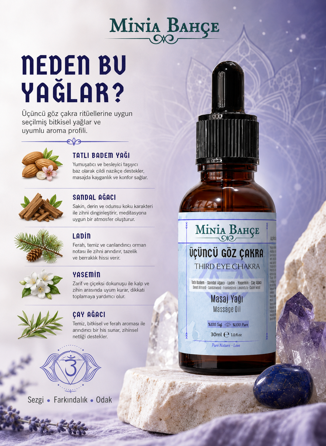 Üçüncü Göz Çakra Masaj Yağı - Third Eye Chakra Oil, 30ml | %100 Saf ve Doğal
