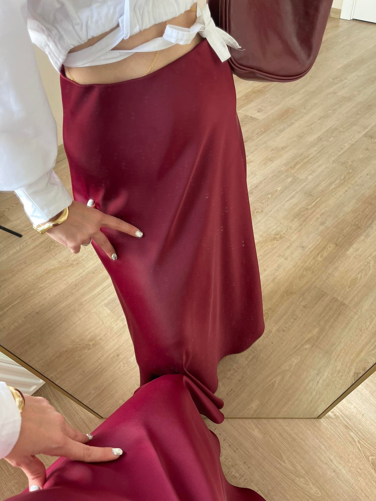 Bordo Uzun Saten Etek