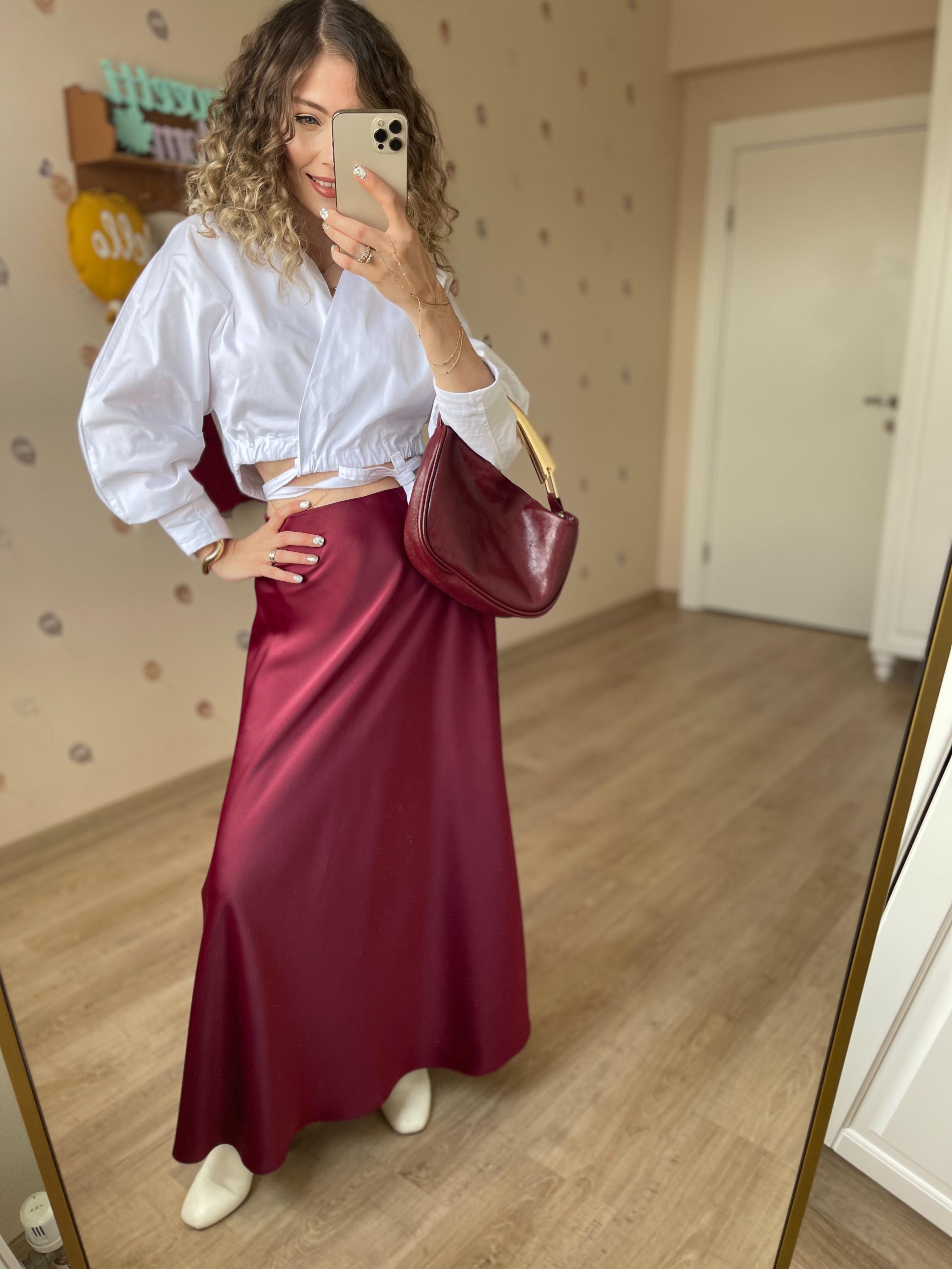 Bordo Uzun Saten Etek
