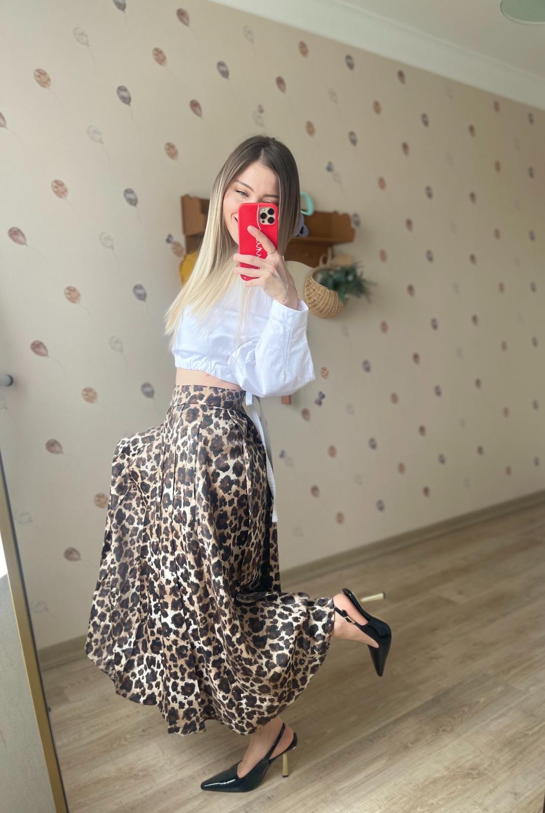 Kahverengi Leopar Desenli Pile Detaylı Kloş Etek