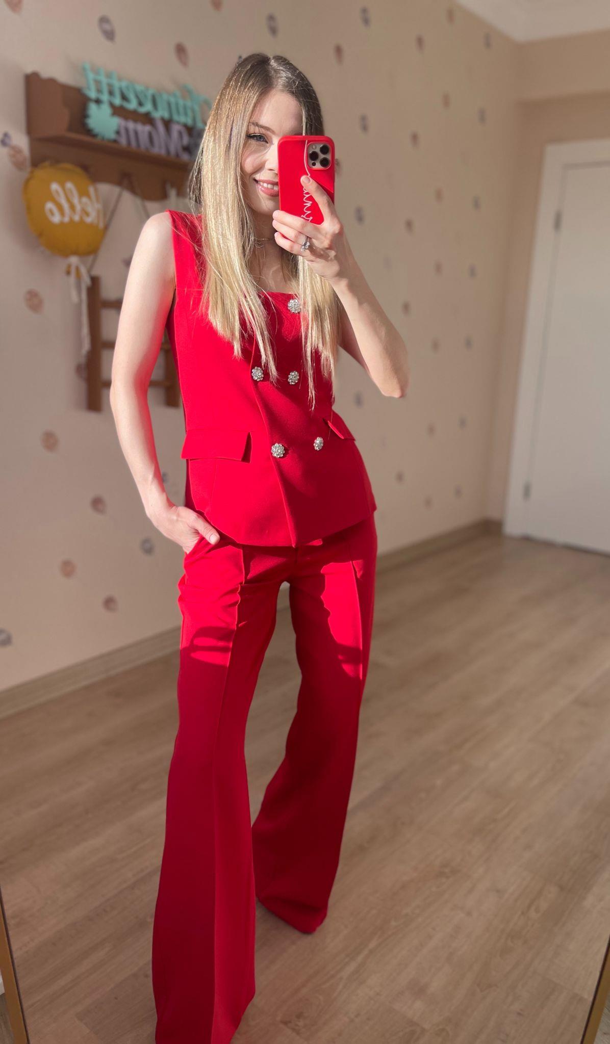 Premium Kırmızı Yelek Pantolon Takım