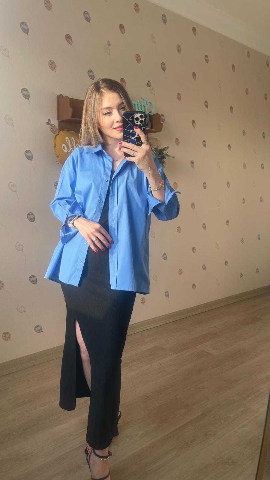 Premium Oversize Tok Dokulu Mavi Gömlek 