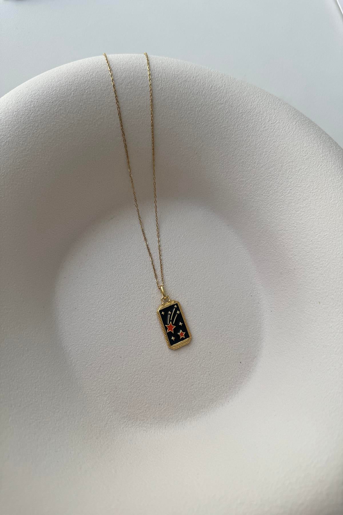 SİYAH TURUNCU MİNELİ YILDIZ TAROT ÇELİK KOLYE