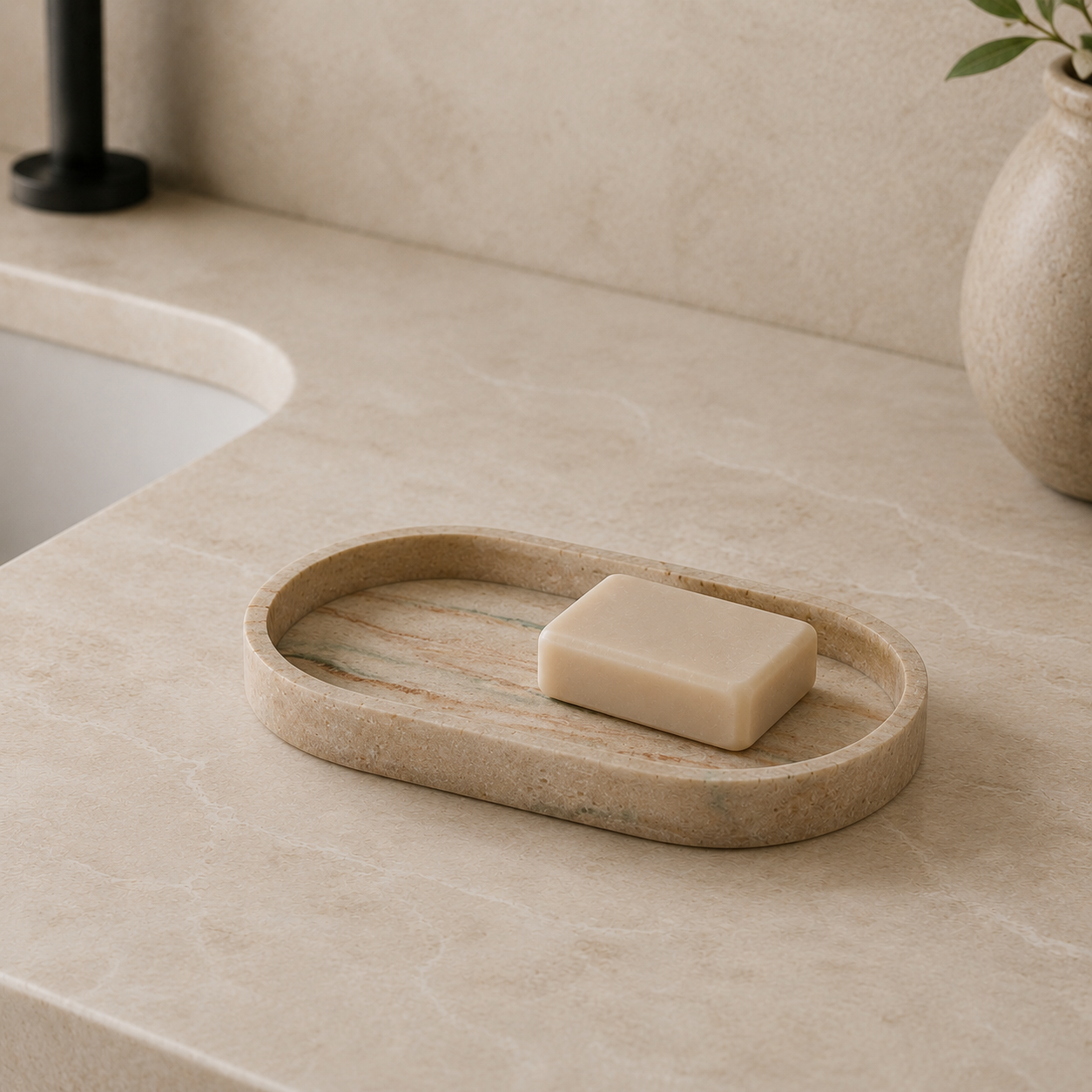 Aura - Traverten Görünümlü Banyo Tepsisi Doğal Taş Dokulu