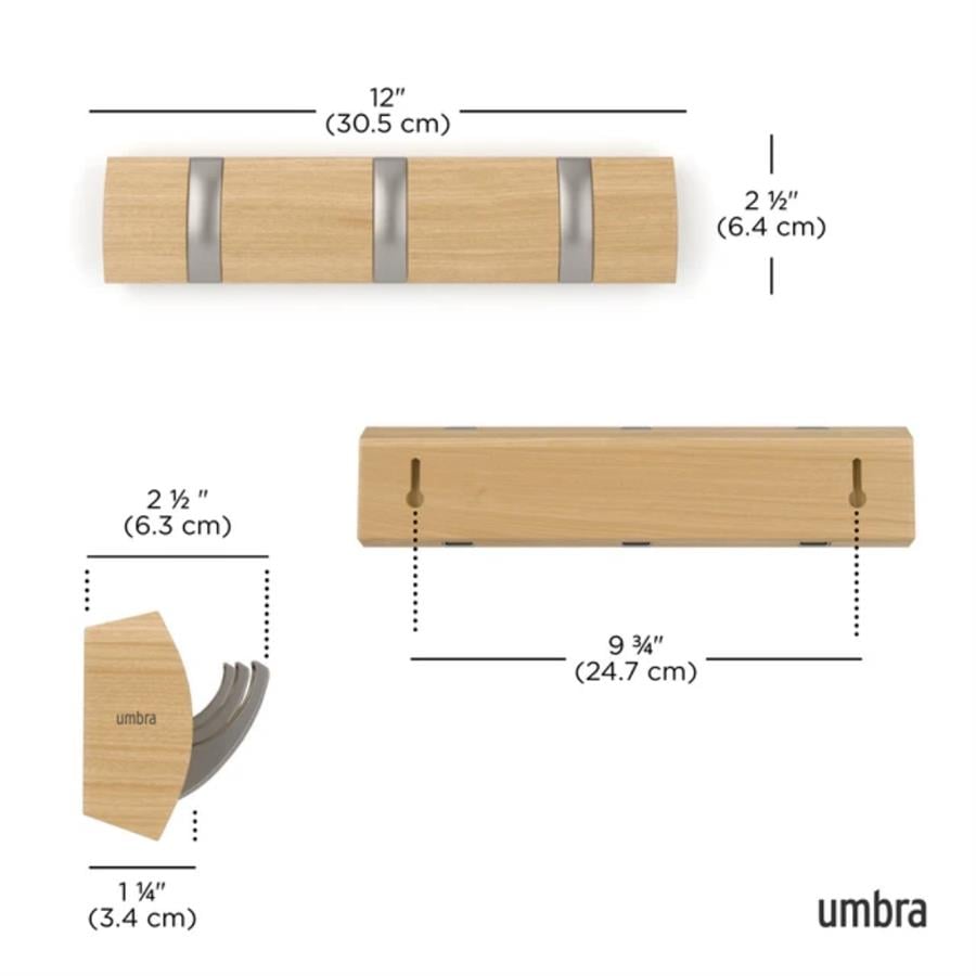 Flip 3'Lü Duvar Kancası Doğal-Nikel 30x6x3 cm