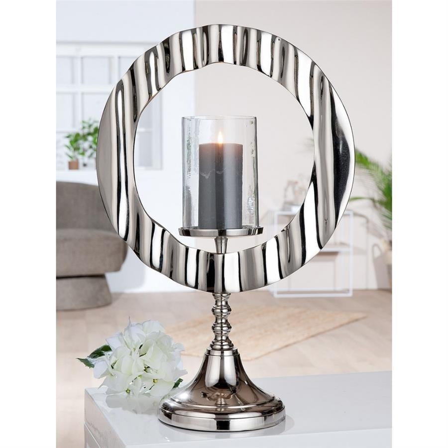 Gılde Şamdan Yuvarlak Cam Gümüş Renkli L.17 cm W.36 cm H.53 cm