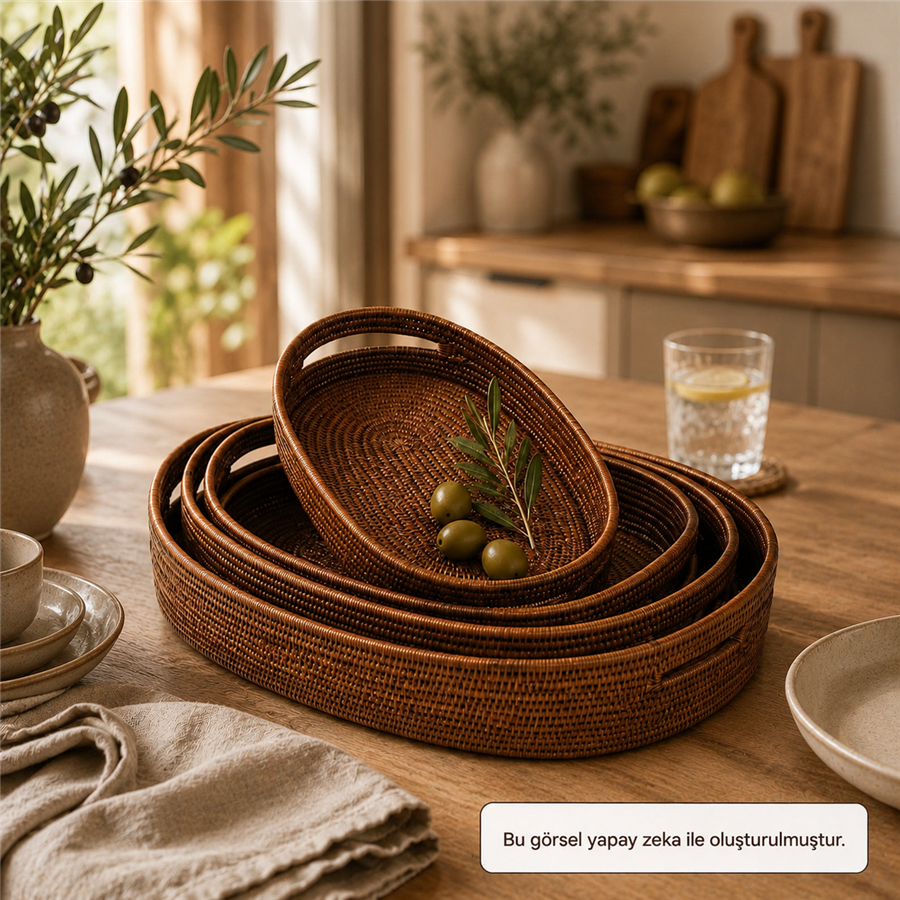 Hasır 4’lü Set Oval Tepsiler Kahverengi