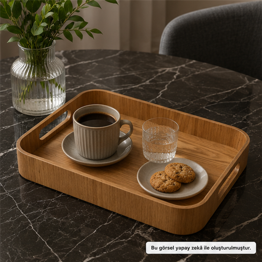 İskandinav Stil Ahşap Kulplu Kahve ve Kahvaltı Tepsisi - Small- 35x28 cm