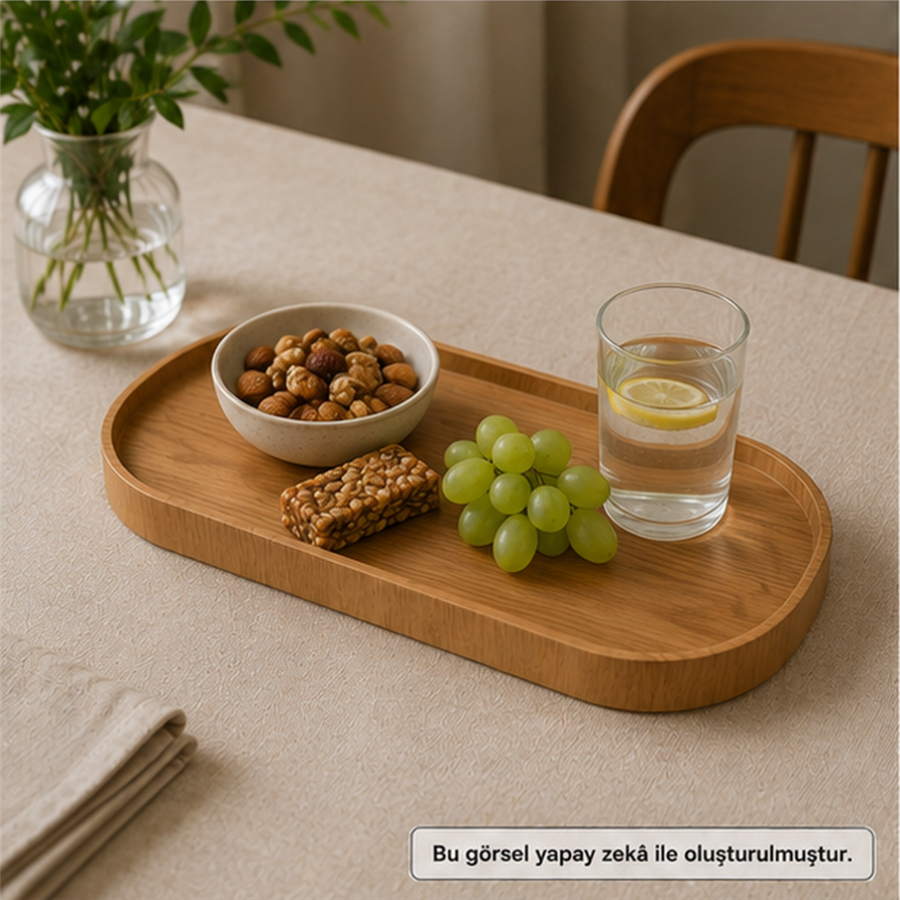 İskandinav Stil Oval Ahşap Servis Tepsisi - Medium - 35 x 16 cm