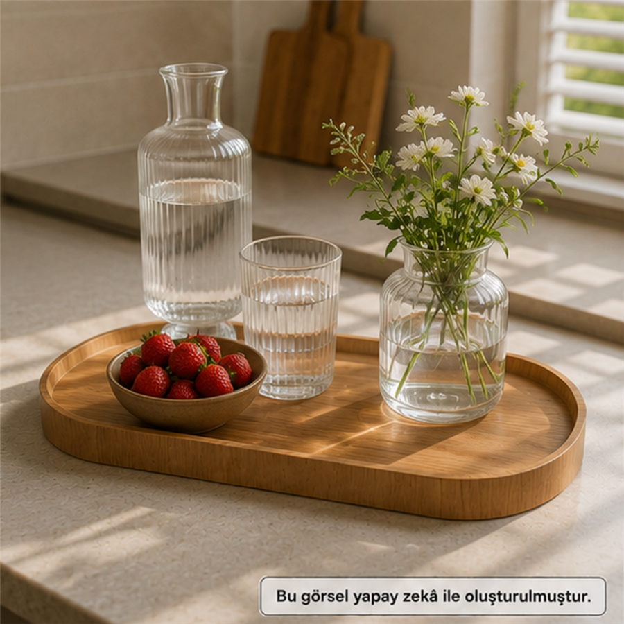 İskandinav Stil Oval Ahşap Servis Tepsisi - Medium - 35 x 16 cm