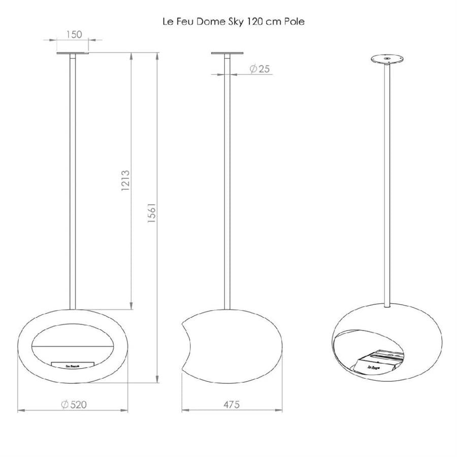 Siyah Kubbe Şömine & Parlak Çelik 120 Cm Çelik Brülör / Black Sky - Polished Steel - 120 Cm- Steel Burner
