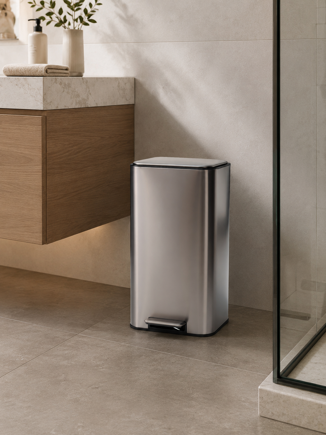 Square Mat Metalik Açık Gri Pedallı Çöp Kovası 30 L