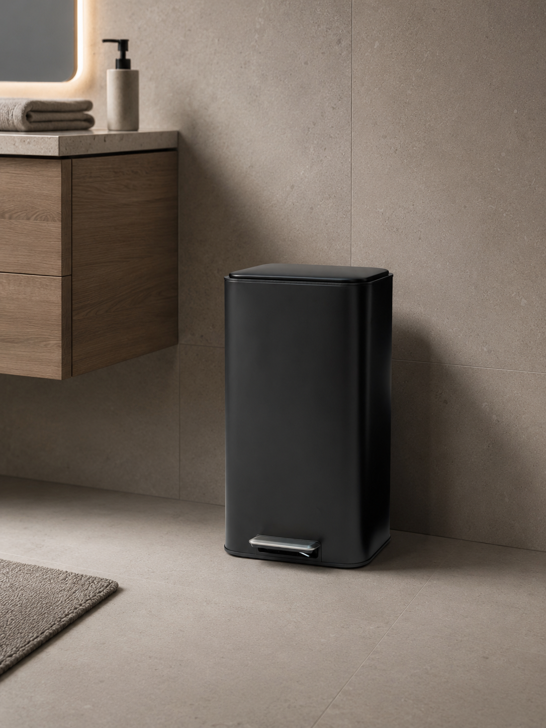 Square Mat Siyah Pedallı Çöp Kovası 30 L