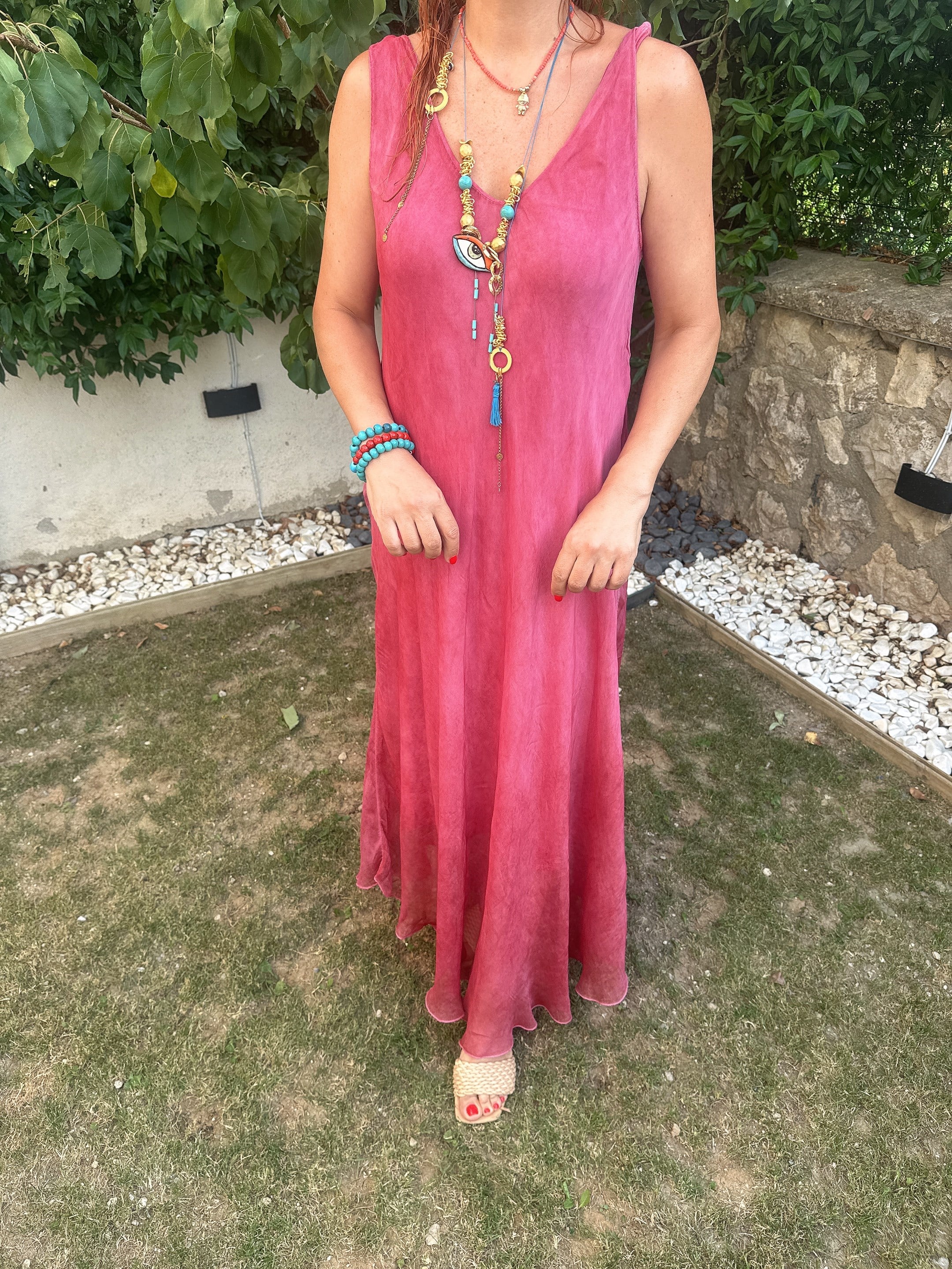 2045 Italyan Astarlı   İpek Elbise Pembe