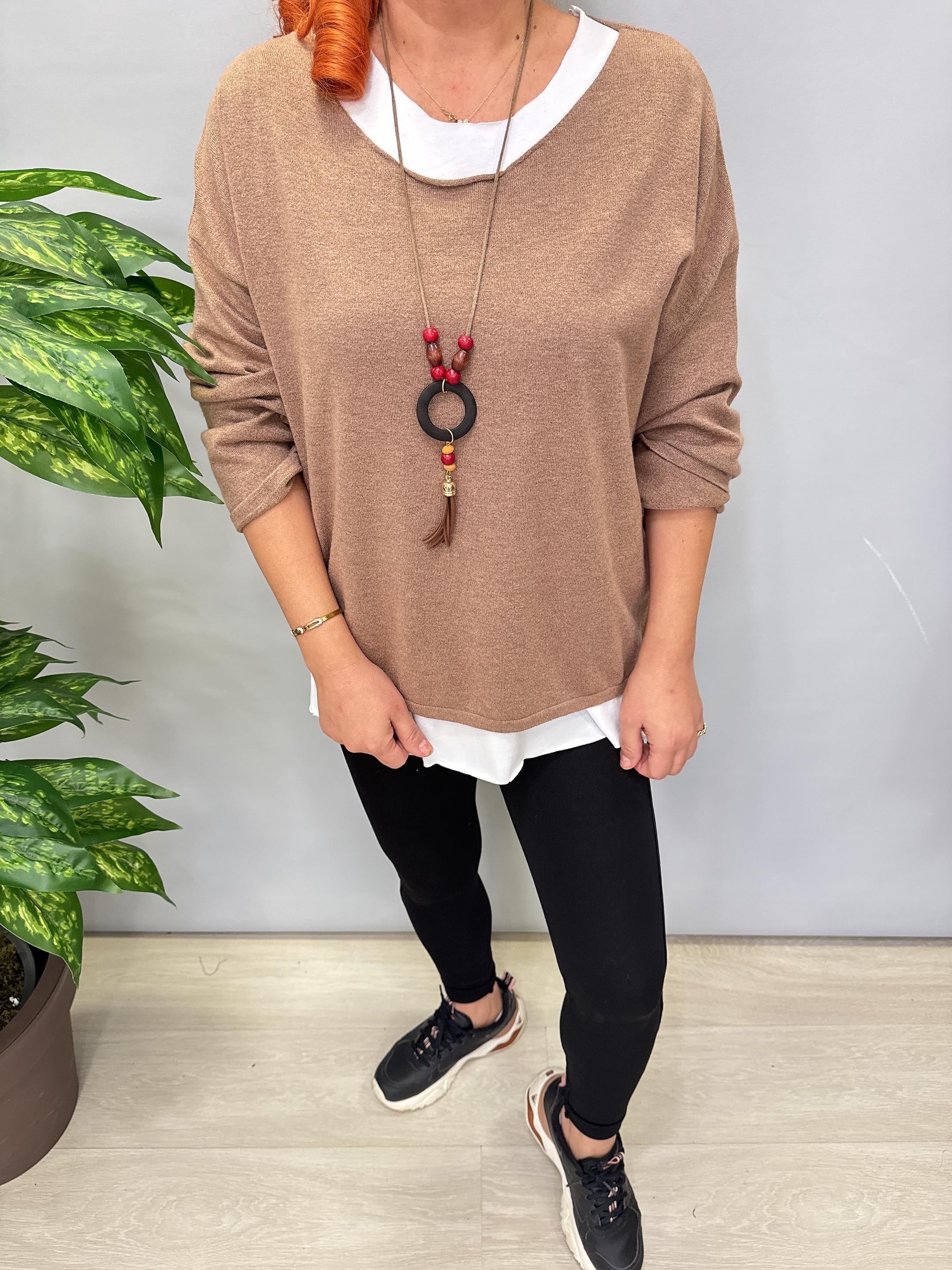 2121 Italyan Triko Bluz (KOLYE HEDİYELİ ) Vizon