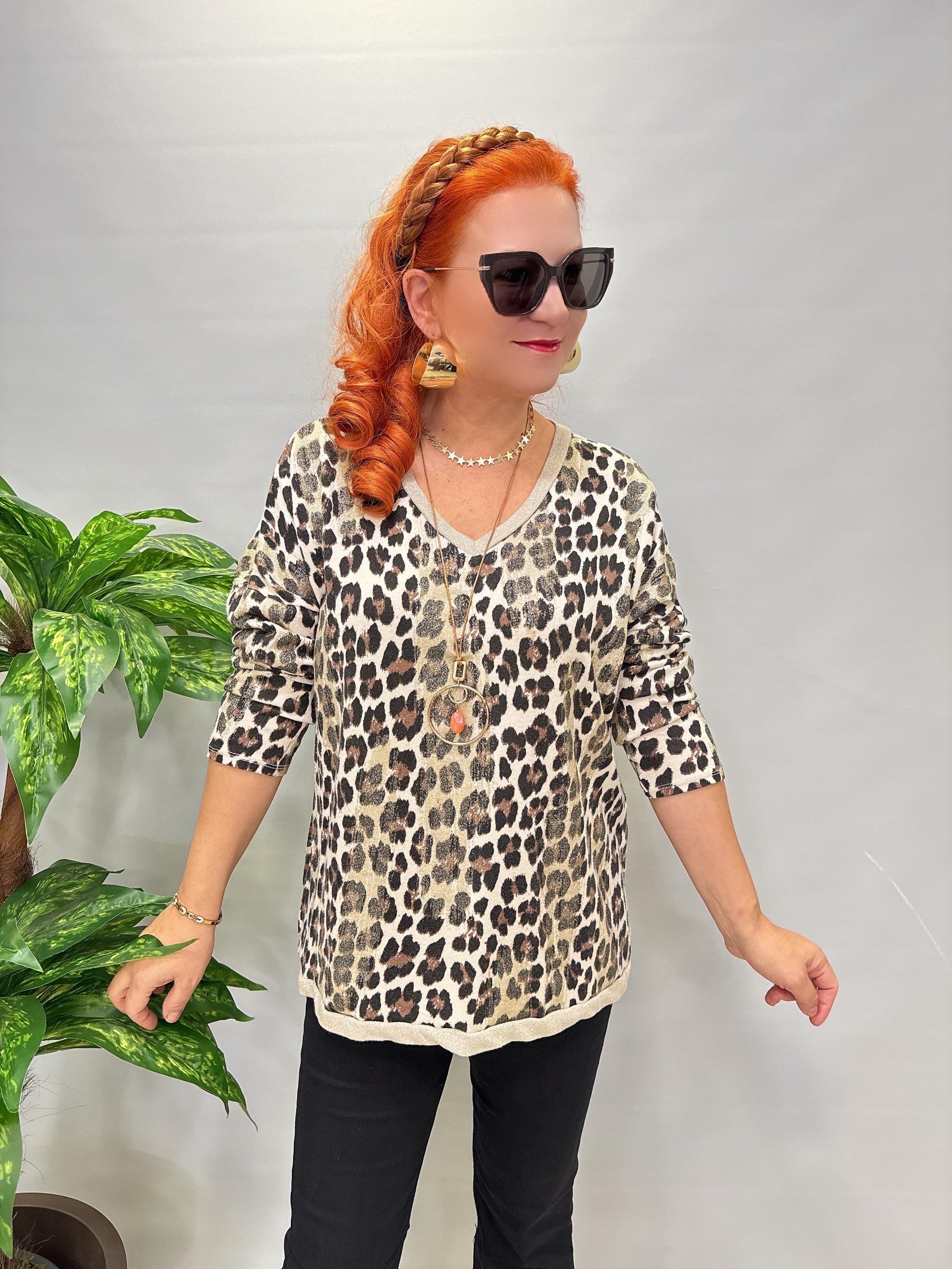 2512 Italyan Leopar Detaylı Triko Bluz Ekru