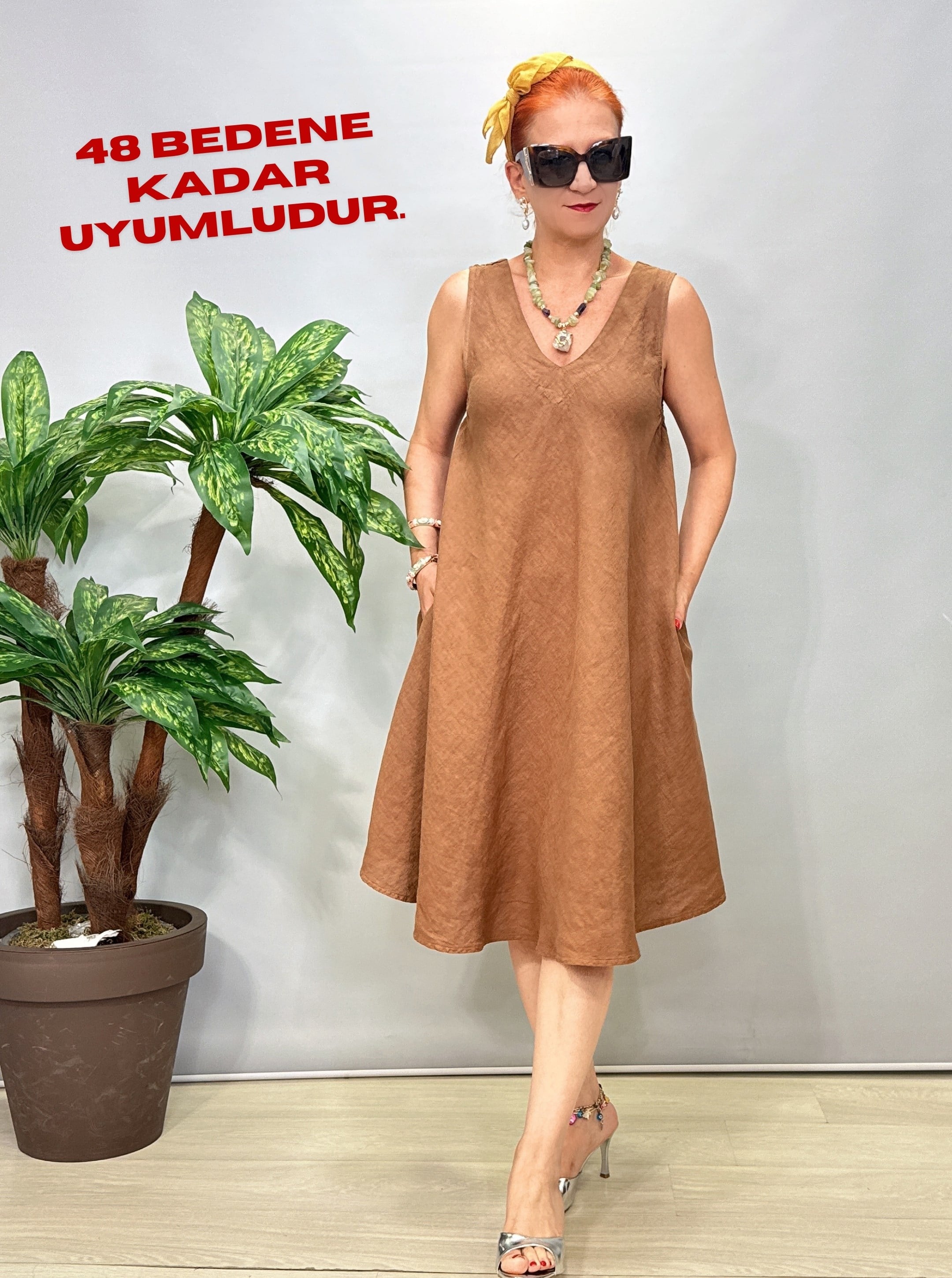 3530 Italyan Ham Keten Elbise Camel