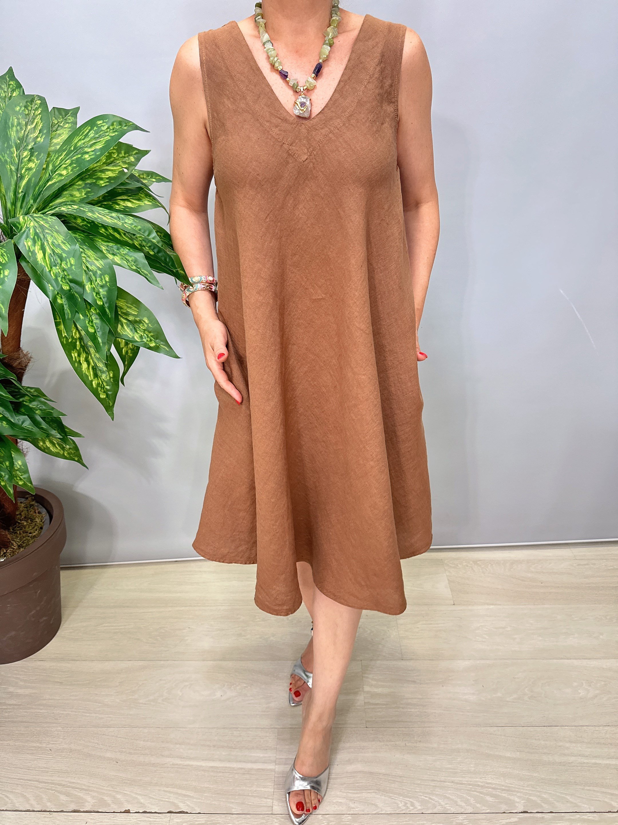 3530 Italyan Ham Keten Elbise Camel