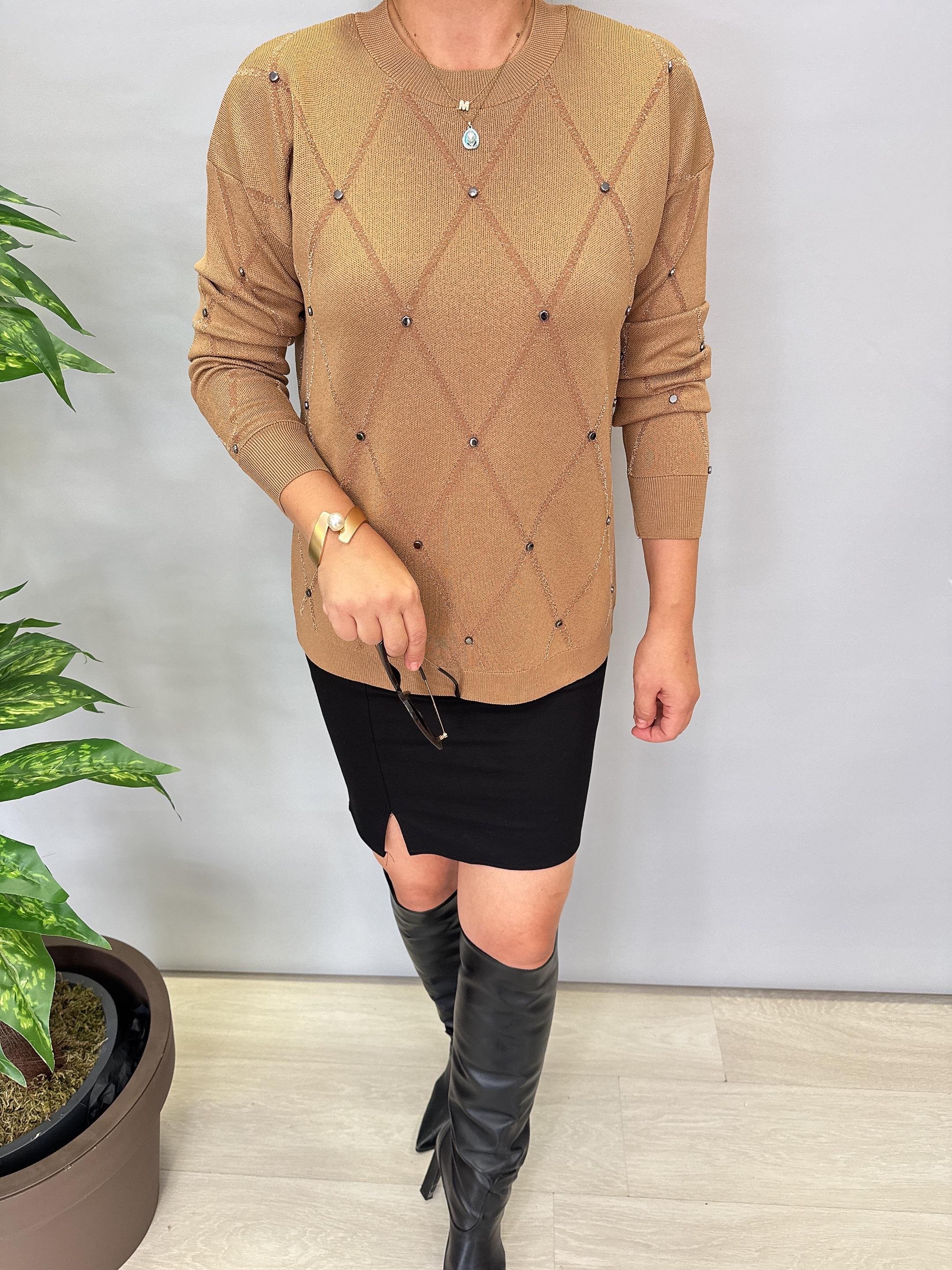 3554 Trok Detaylı Triko Camel