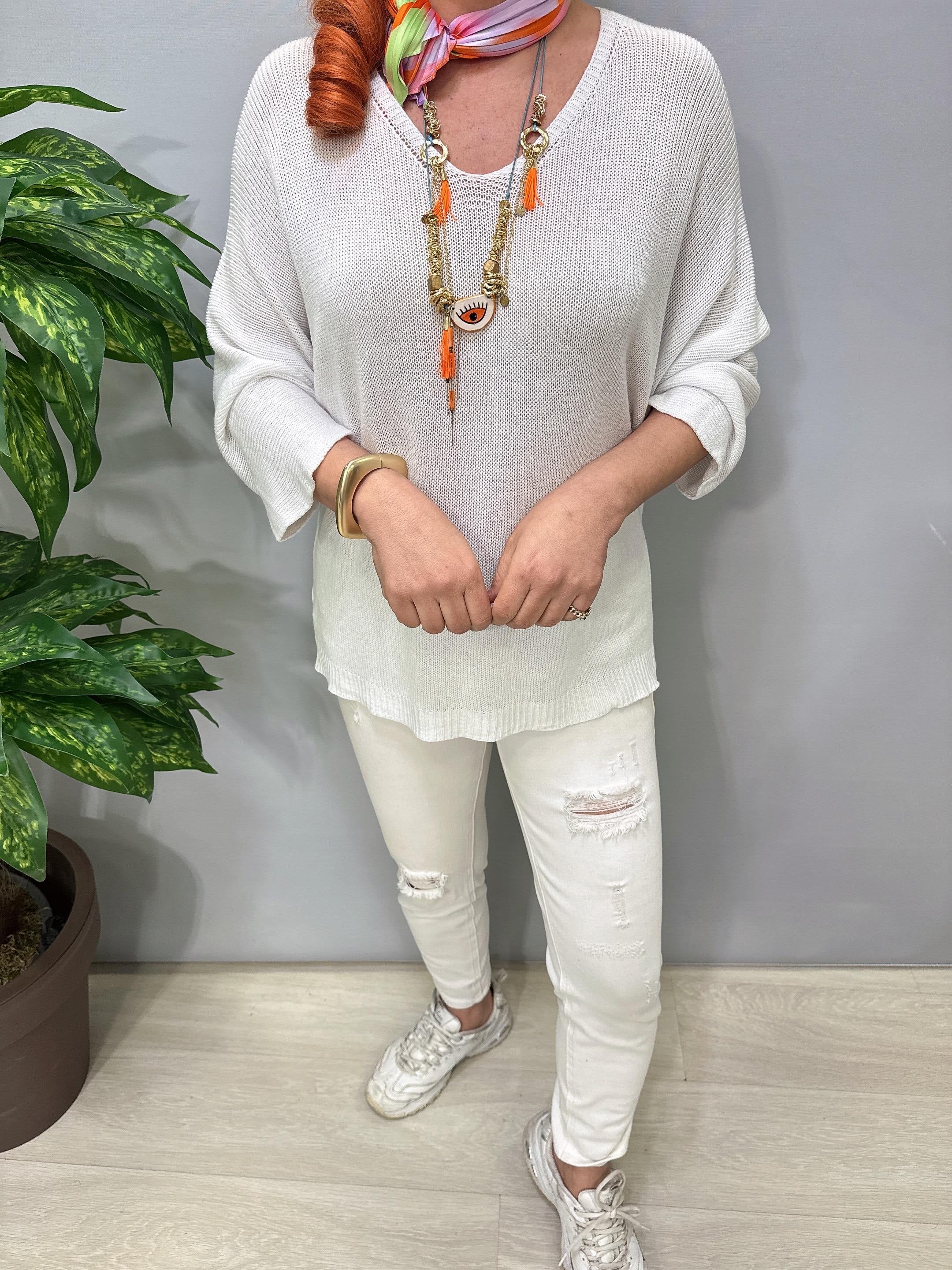 3699 Italyan Merserize Triko Bluz Beyaz