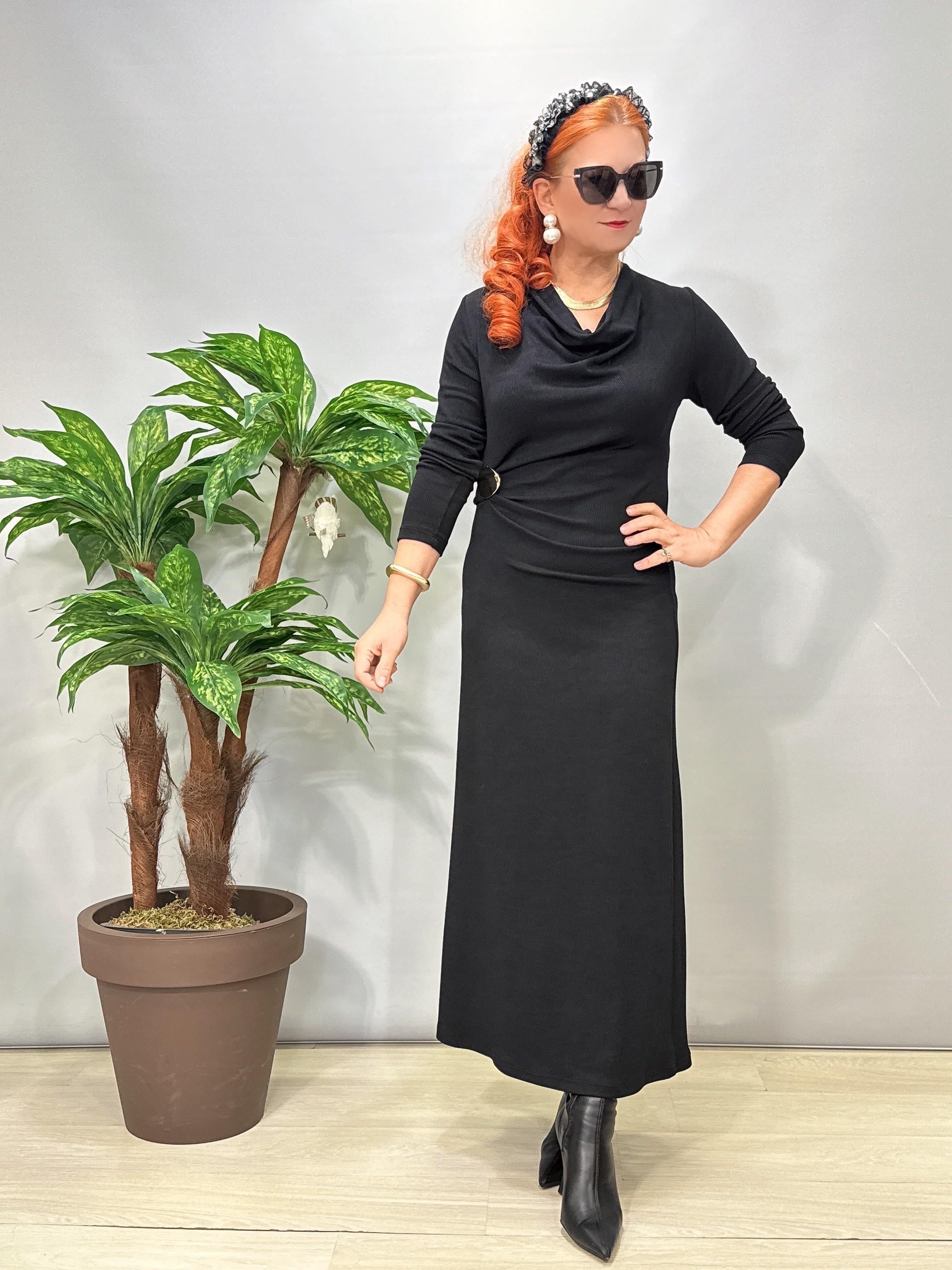 4610 Degaje Yaka Drapeli Elbise Siyah