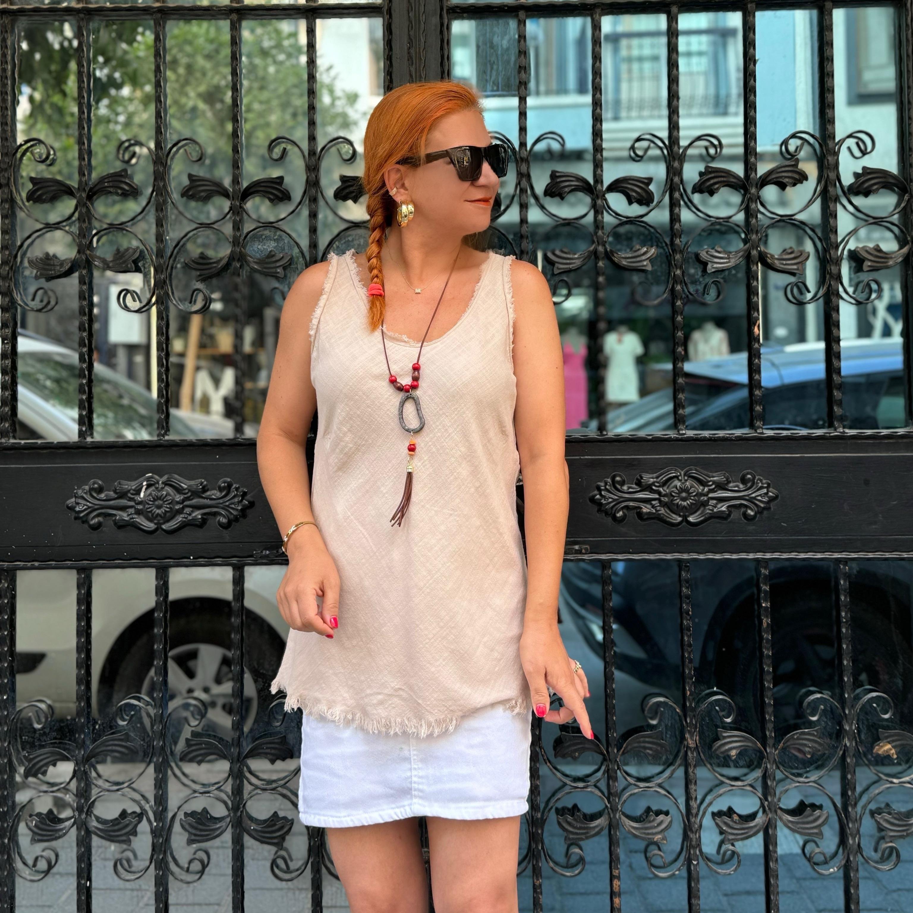 6100 KOLYE HEDİYELİ PAMUKLU ASKILI BLUZ TAŞ  36-40 BEDEN UYUMLUDUR