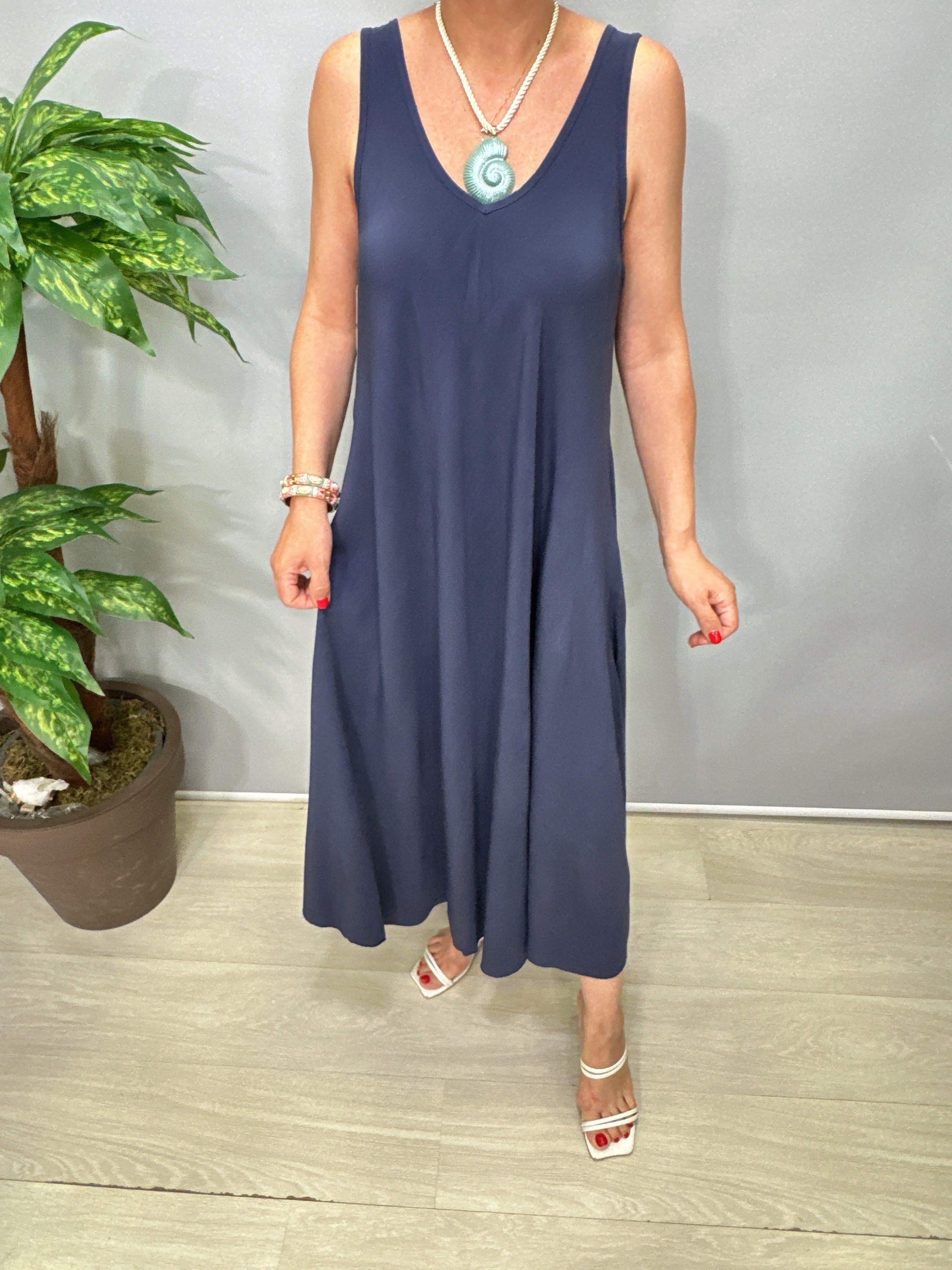 7080 Italyan Tencel Elbise Lacivert