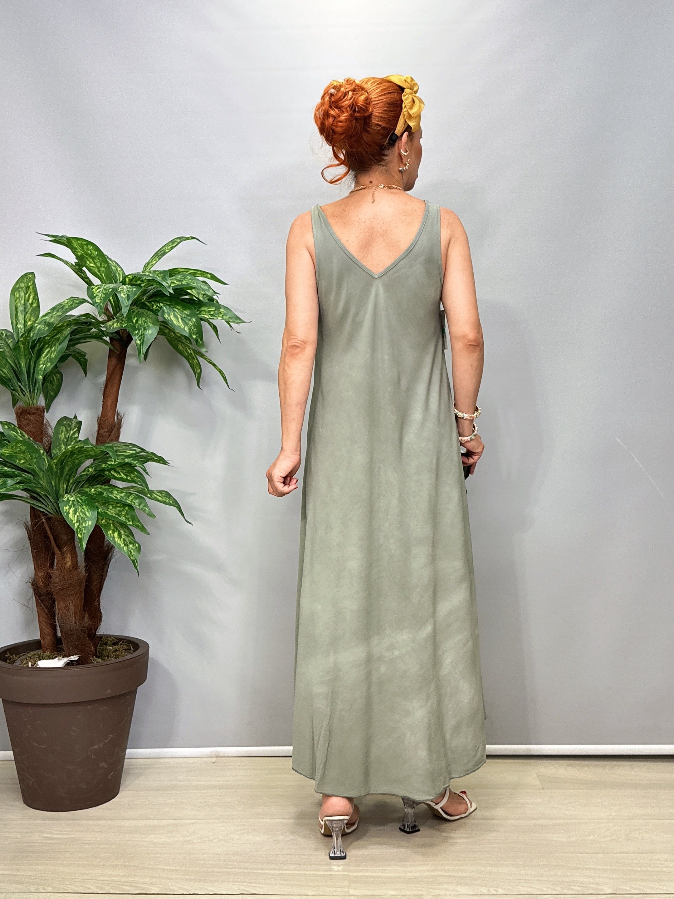 7080 Italyan Tencel Elbise Yeşil