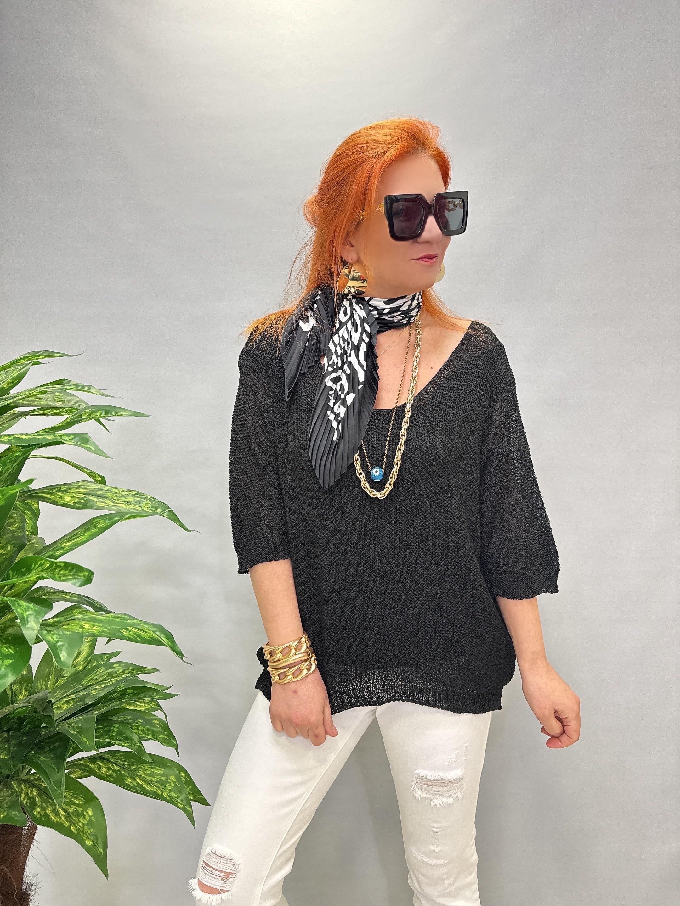 7090 MERSERİZE BLUZ SİYAH