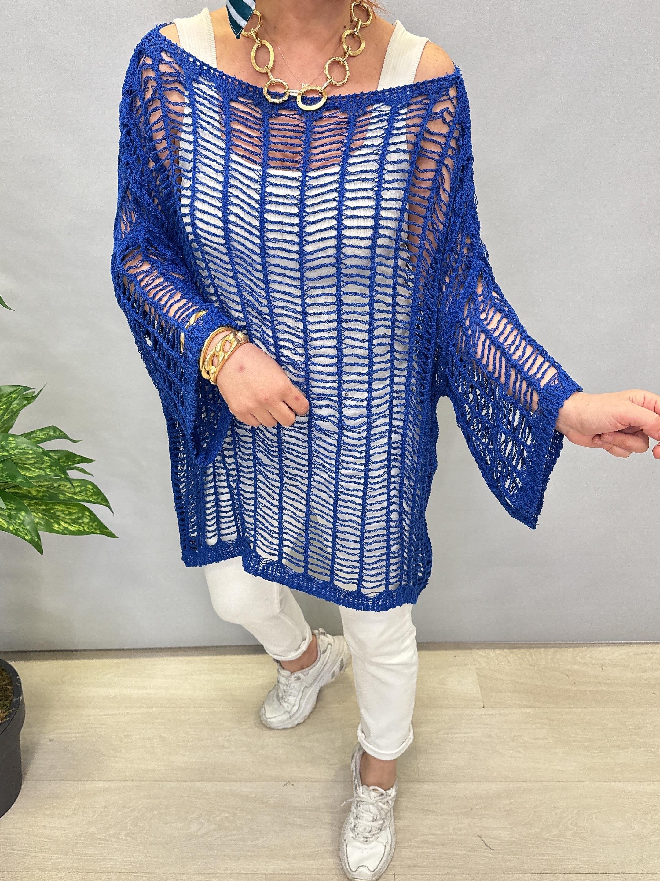 9880 TASARIM DELİKLİ MERSERİZE BLUZ SAKS MAVİ