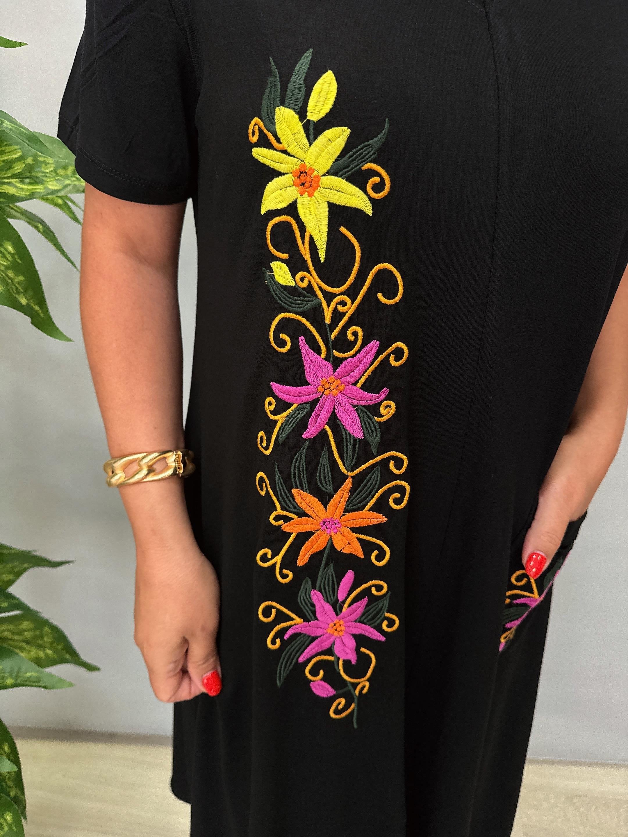 BDY 2310 Salaş Likralı Viskon Penye Nakış Detay Elbise Siyah 