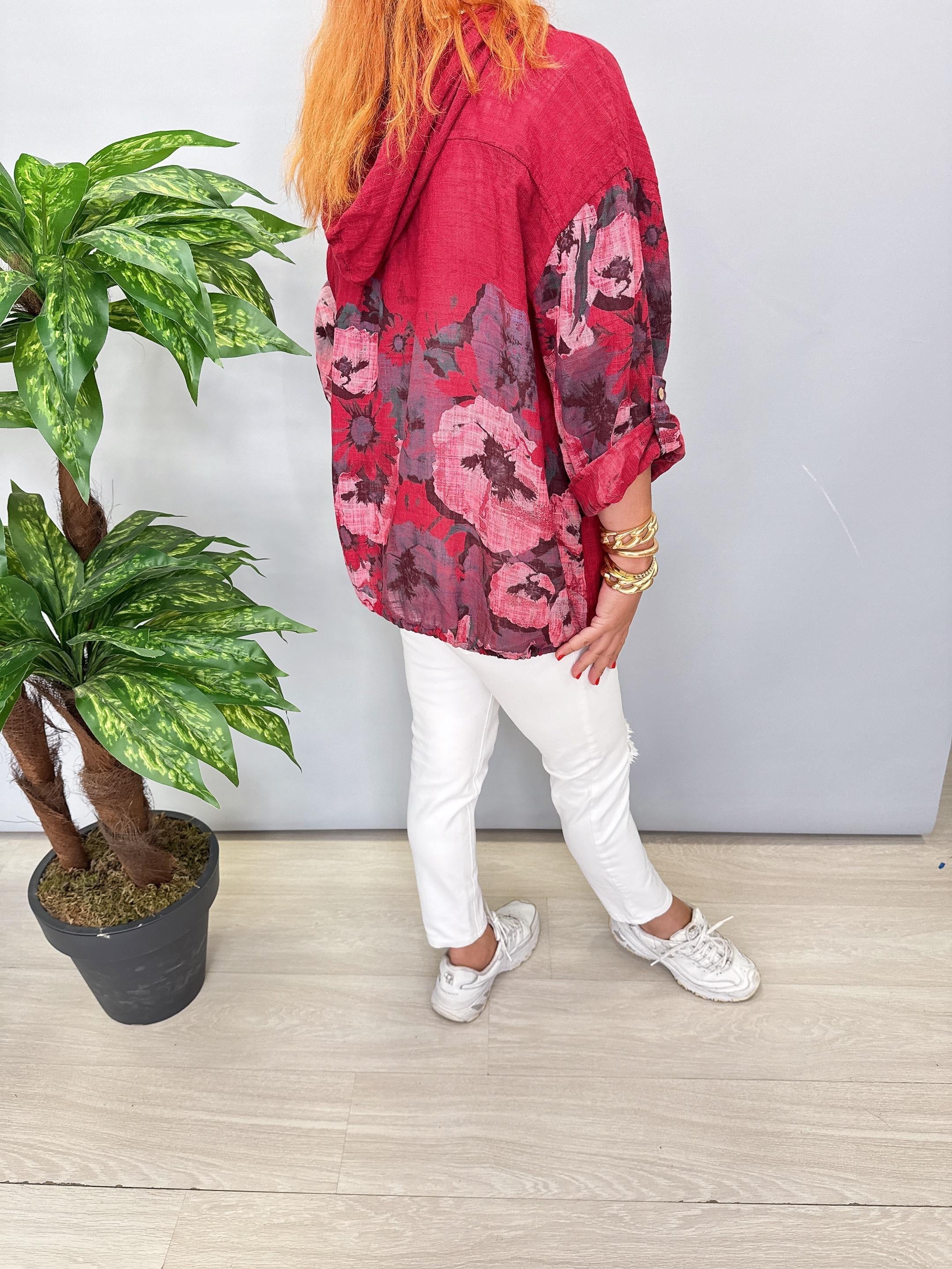 CKT 8084 Italyan Pamuklu Fermuarlı Çiçek  Desen Ceket Bordo