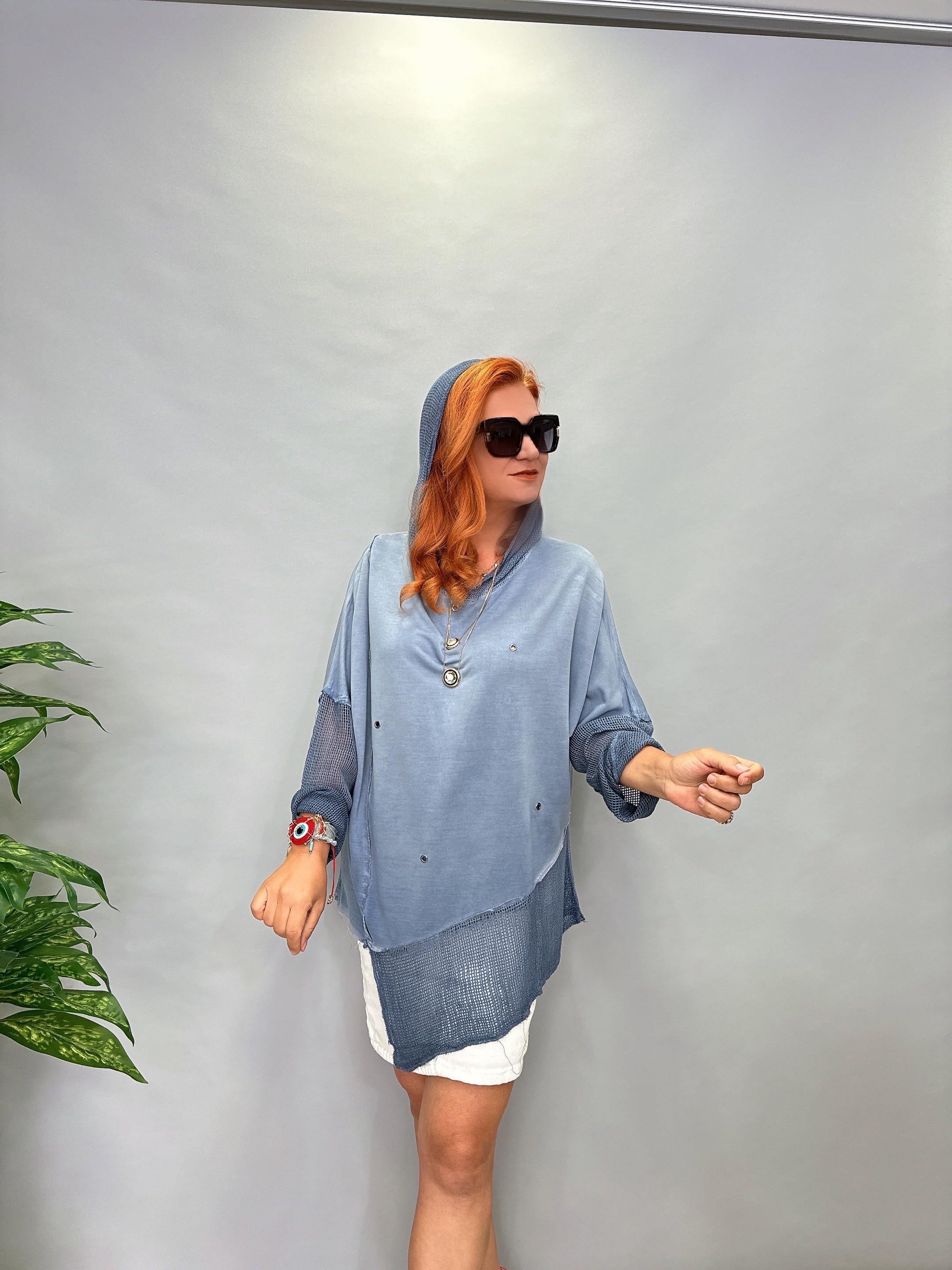 MNS 0202 FİLE DETAY ASİMETRİK  BLUZ  INDIGO