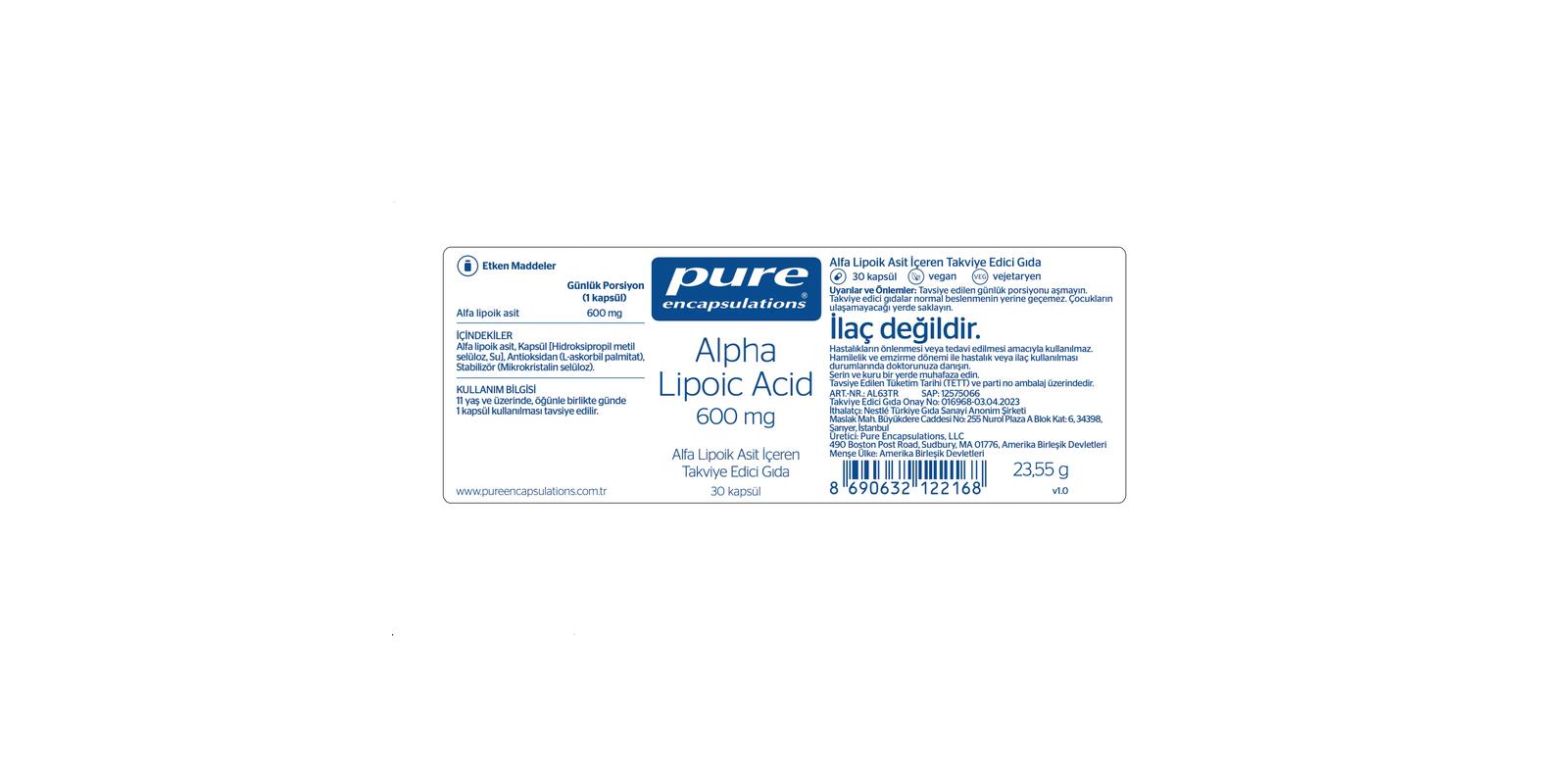 Pure EncapsulationsPure Encapsulations Alpha Lipoic Acid 600 mg 30 Kapsül8690632122168