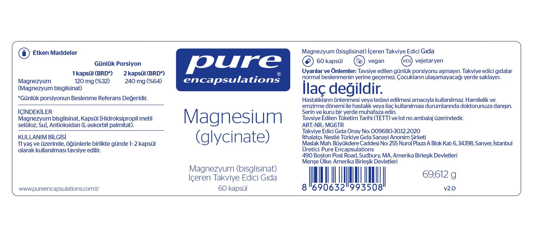 Pure EncapsulationsPure Encapsulations Magnesium (Glycinate) 60 Kapsül8690632993508