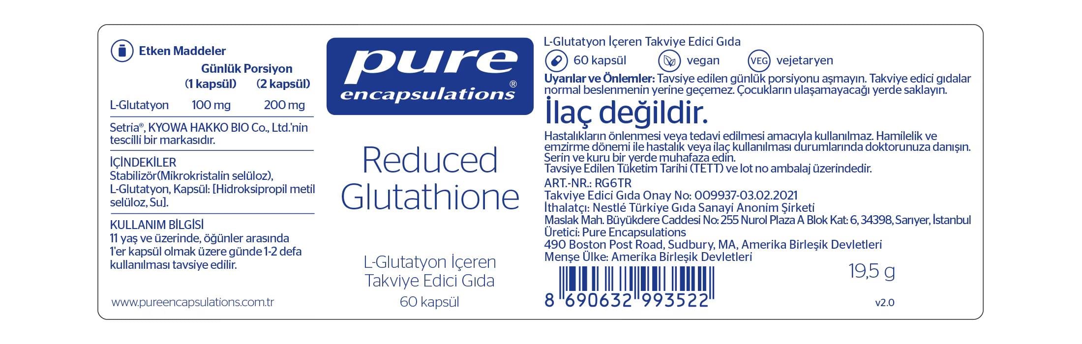 Pure EncapsulationsPure Encapsulations Reduced Glutathione 100 mg 60 Kapsül8690632993522