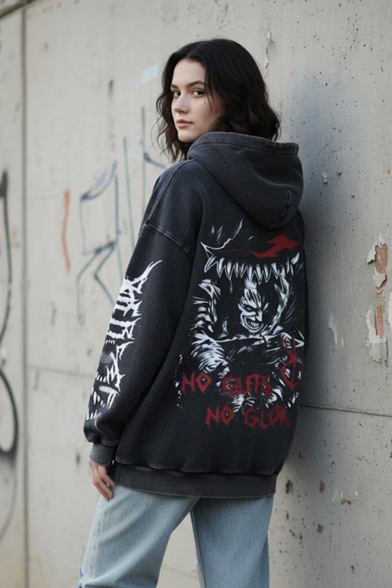 Anime Berserk No Guts No Glory Yıkamalı Kumaş Kapüşonlu Unisex Sweatshirt