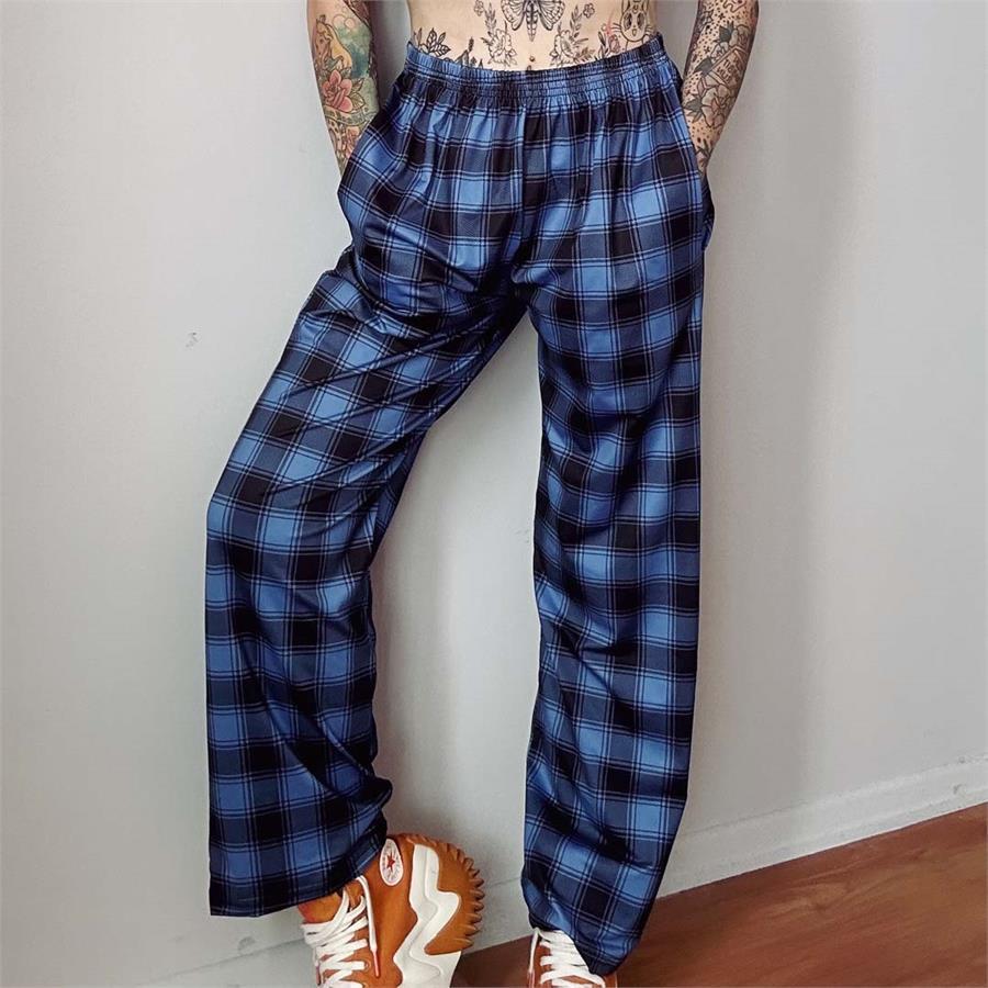 Anime Harajuku Street Lacivert Siyah Ekoseli Rahat (Unisex) Pantolon