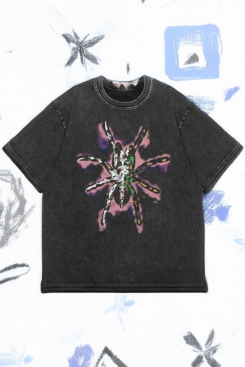 Antrasit Colored Spider Black Widow Gotik Yıkamalı Kumaş Unisex T-Shirt