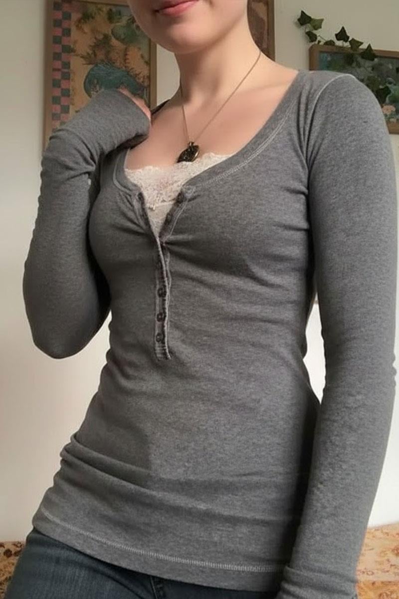 Antrasit Düğme Detaylı Dantelli Henley Yaka Uzun Kollu Bluz