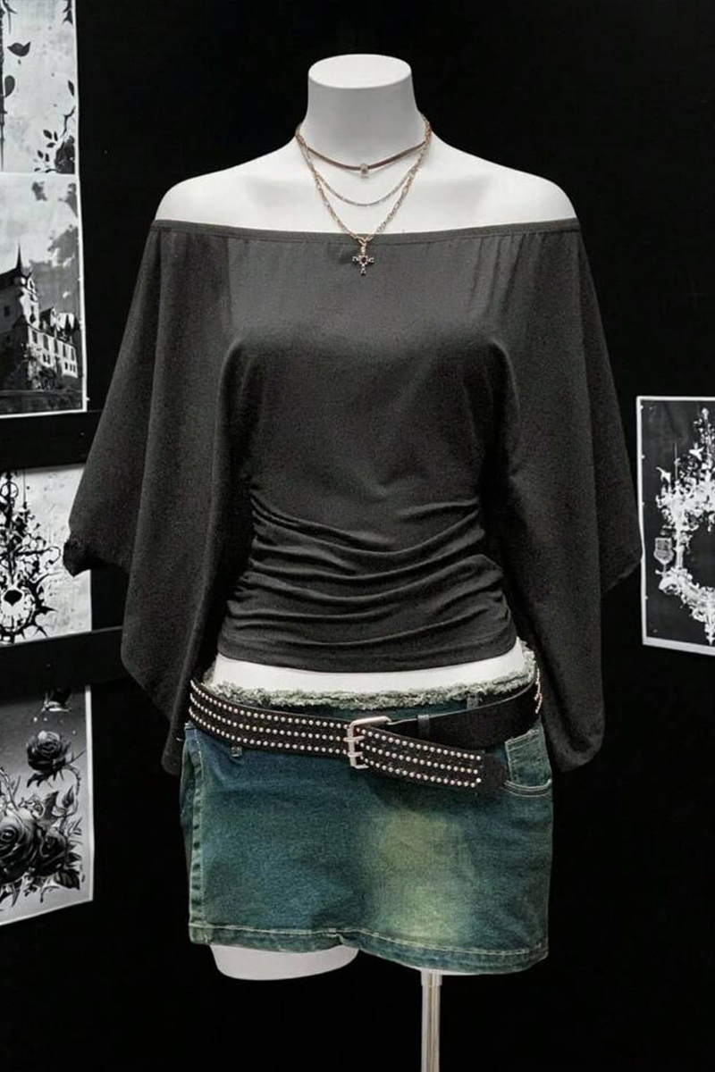 Antrasit Madonna Yaka Yarasa Kol Düz Y2K Uzun Kollu Crop