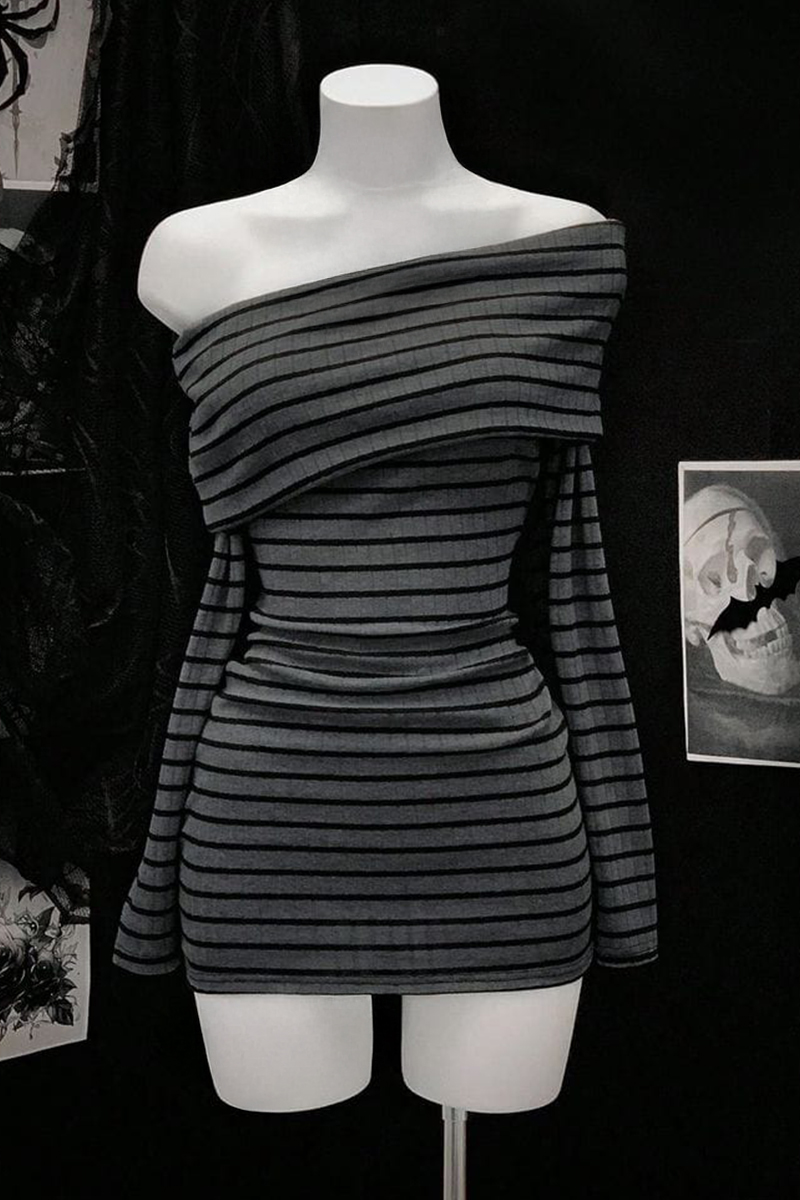 Antrasit Siyah Çizgili Omuz Dekolteli Uzun Kollu Bodycon Elbise