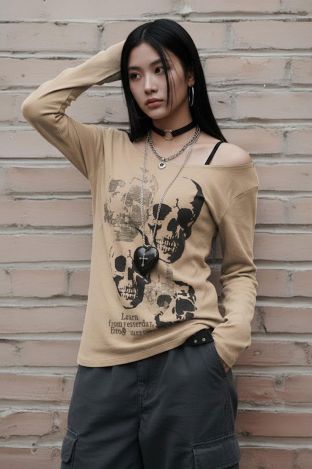 Bej Gotik Skulls Askılı Y2K Uzun Kollu Crop