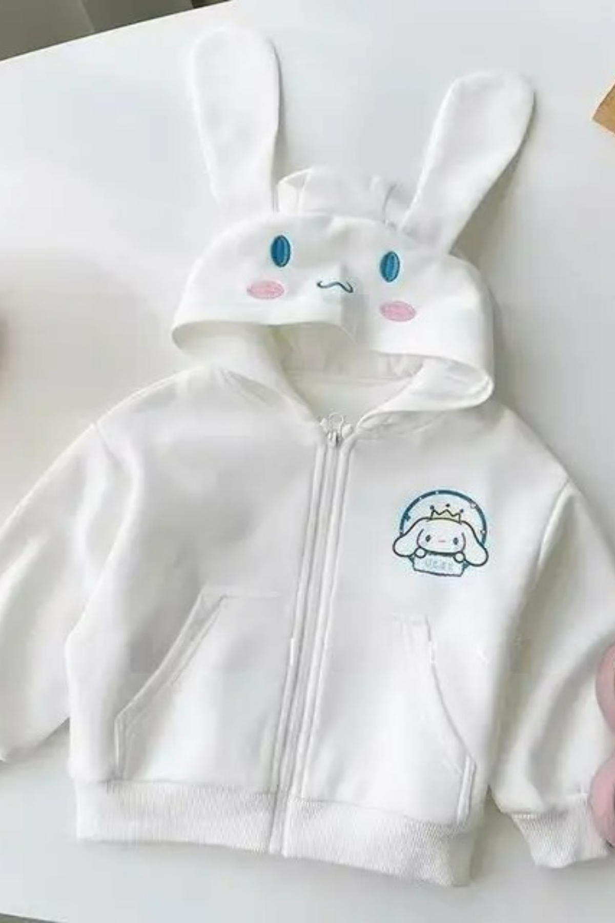 Beyaz Anime Cinnamoroll Kulaklı Face Fermuarlı Kapüşonlu Sweatshirt