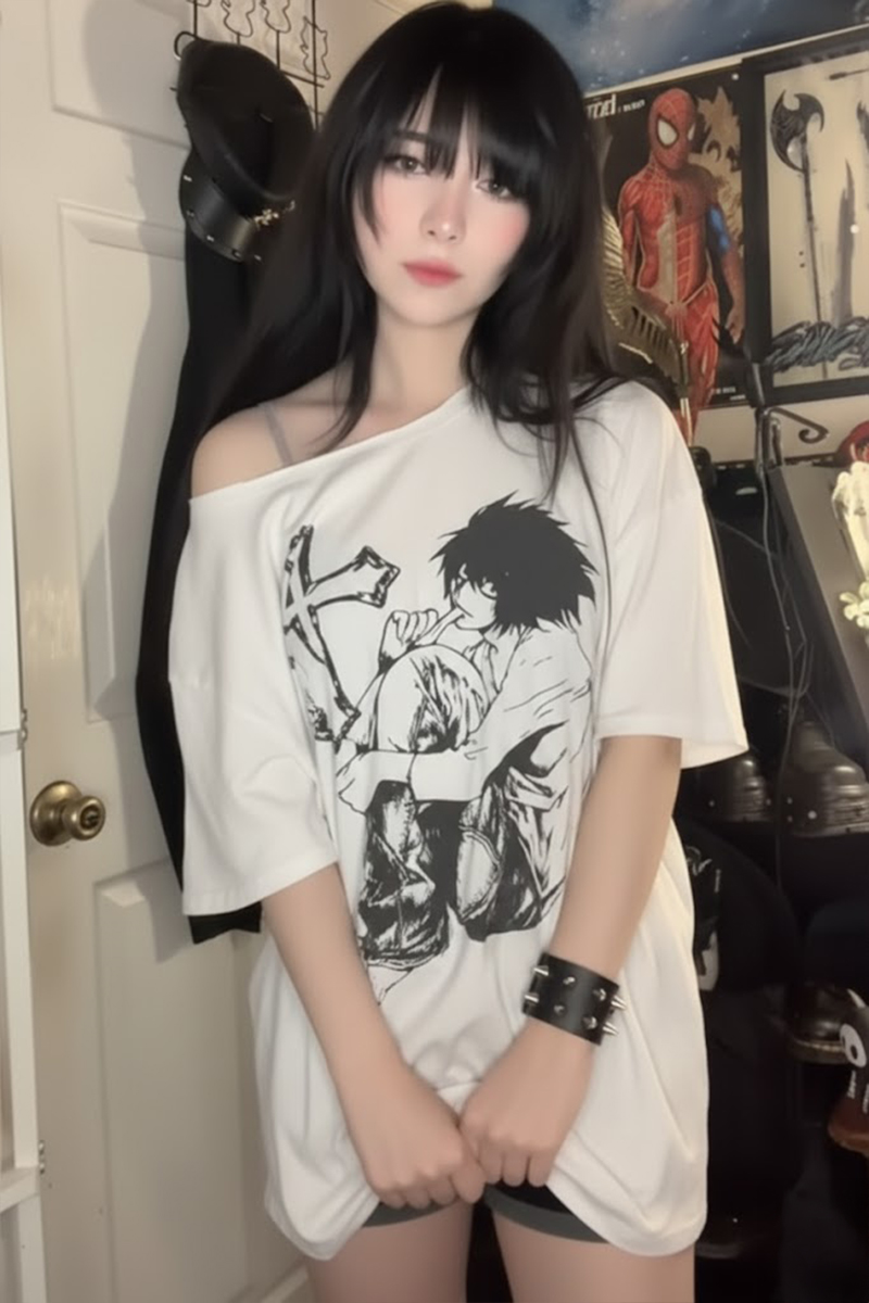 Beyaz Anime Death Note L Cross Y2K Kısa Kollu Off-Shoulder T-Shirt